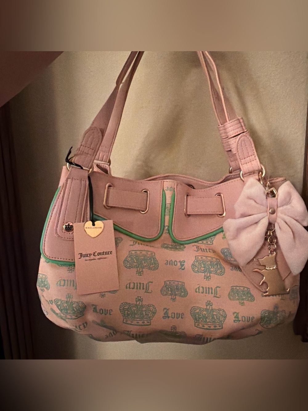 Juicy Couture Pink Shoulder Bag with Green Trim and Bow Charm